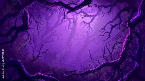 Scary creepy magic jungle purple border with a dry liana vine with glow and twisted branches for game user interface design. Cartoon modern illustration set of scary creepy magic jungle.