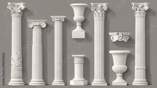 Realistic 3D modern illustration set of ancient roman columns made of white clay. Antique marble colonnade for historical construction decorative facades.