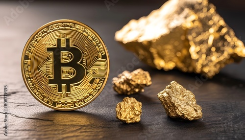Bitcoin Coin with Gold Nuggets on Dark Surface