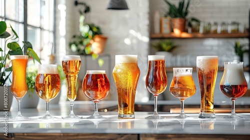 Craft beers in various glasses on bar counter.