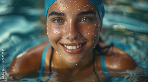 An individual, wearing swimming gear and a cap, smiles at the camera while doing a freestyle swim with friends on a summer vacation.