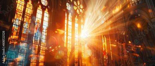 The Sun's Rays Stream Through Stained Glass Windows Of The Cathedral, Blessing The Church With A Heavenly Light. They Remind Us Of God's Love And Grace. Cinematic Concept.