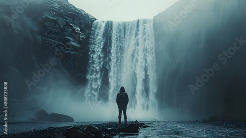A lone traveler stands before a majestic waterfall, dwarfed by its size and power, creating a sense of wonder and adventure