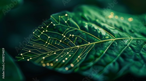 Leaf with vibrant green veins, with circuit board patterns against a dark background, symbolizing the intersection of nature and technology in a sustainable future. 