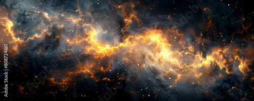 A long, orange and blue space with stars and clouds