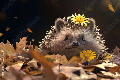 A hedgehog is sitting on a pile of leaves with a yellow flower on its head