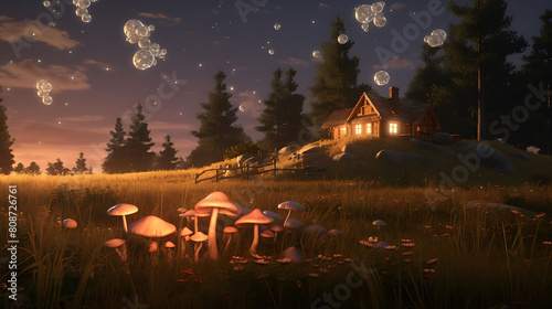 Agaricus mushrooms at the edge of a firefly-lit meadow, with an old, wooden farmhouse in the distance.