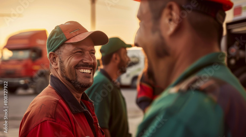 Portrait of a male truck driver at a gas station. A group of drivers relaxing outdoors. Walking concept.