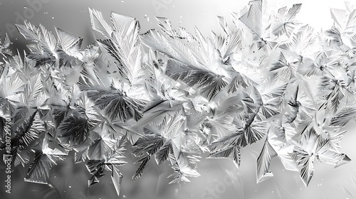 A high-resolution image of a delicate frost pattern etched across a clear white glass surface, capturing the intricate details and subtleties of the ice crystals.