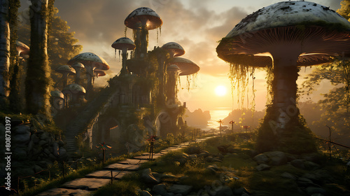 Agaricus mushrooms growing amidst ancient ruins covered in moss and ivy, with the sun setting behind the columns.