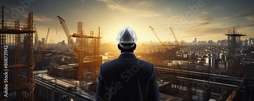 A man in a hard hat stands in front of a city skyline. The sky is orange and the sun is setting. The man is looking up at the sky, possibly admiring the view or contemplating his work