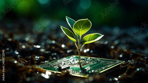 A small green plant is growing on top of a computer chip. Concept of growth and progress, as the plant is thriving in an unlikely environment