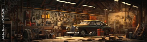 A car is parked in a garage with a lot of tools and equipment. The garage is dimly lit, giving it a somewhat eerie atmosphere