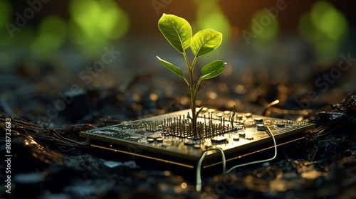 A small plant is growing on top of a computer chip. Concept of growth and development, as the plant is thriving in an unlikely environment