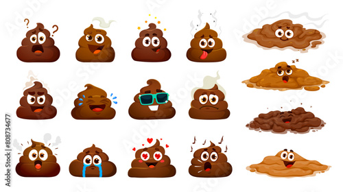 Cartoon poop emoji, funny poo excrement characters, happy toilet shit emoticons vector set. Stinky brown poop, excrement, crap, turd, dung or feces piles with comic faces, sunglasses, hearts and tears