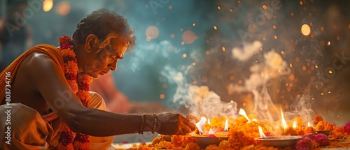 Flowers and flames during the Aarti ceremony in Varanasi