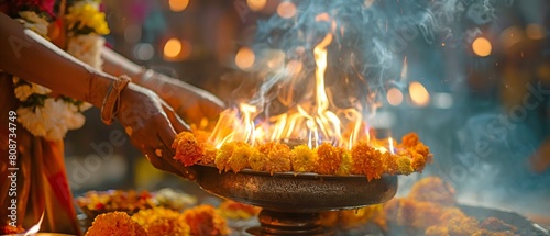 Flowers and flames during the Aarti ceremony in Varanasi