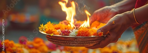 Flowers and flames during the Aarti ceremony in Varanasi