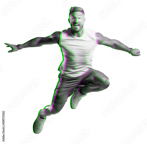 Dobrze zbudowany, młody mężczyzna w sportowym stroju z zarysem mięśni skacze do góry. Kolorowy glitch Przezroczyste tło. 