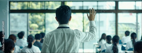  Asian man in a white shirt raised his hand to put on glasses and run around with students behind him. The large glass window.