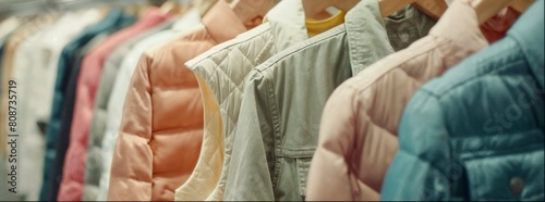 A closeup shot of puffy jackets hanging on hangers in the store, with soft pastel colors and a blurred background. The focus is sharp on one jacket while others blend into each other.