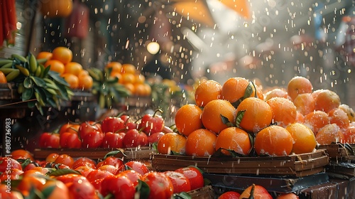 A festive and colorful market scene where vendors sell vibrant citrus fruits, and the air is filled with splashes of persimmon and zest, visually representing the lively.
