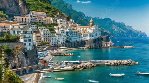Landscape with Atrani town at famous amalfi coast, Italy --ar 16:9 --style raw --weird 900 