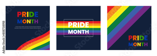 Set of cards for the pride month celebration.Gay Pride Month in June. Collection with LGBT symbols.Social media post, stories, poster template with LGBT rainbow flag.Vector.