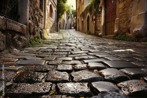Cobblestone streets of an old European town, Historical cobblestone streets in European town, Ai generated
