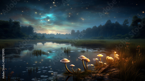 Agaricus mushrooms growing on the edge of a peaceful marsh, with fireflies glowing in the twilight.