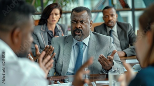 A black man in a suit and tie is arguing with a group of people in a conference room.