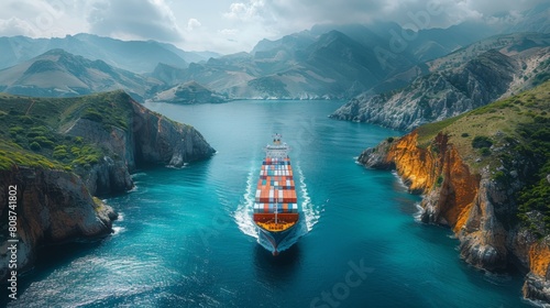 Showcase a container ship sailing past a picturesque coastal landscape, with rugged cliffs and verdant hillsides providing a stunning backdrop