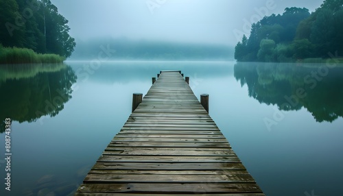 Wooden Dock Misty Lake Calm Water Reflection Serenity