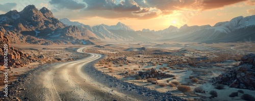 A detailed 3D visualization of a long mountain road, winding through a rocky terrain with dramatic lighting, ideal for adventure and exploration visuals
