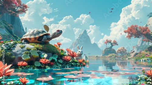 A whimsical representation of a fast turtle and a lazy rabbit collaborating, traveling together over a vibrant, cartoonstyle landscape