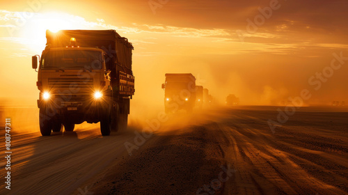 Trucks convoy carrying humanitarian aid through a desert at sunset, banner, copy space