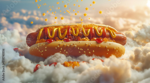 hot dog with mustard and ketchup in the sky