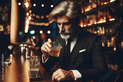 A gallant, well-groomed middle-aged man with gray hair in a classic suit is sitting at pub with a glass of excellent whiskey