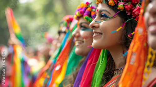 A serene Pride celebration in New Delhi, participants wearing traditional saris with rainbow colors, historic landmarks in the background, a blend of cultural pride and modern advocacy, Photography, c