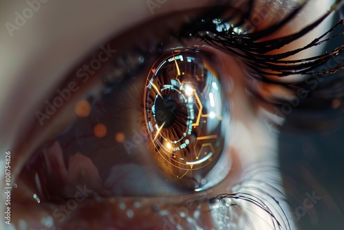 closeup of brown eye with cataract protection scan futuristic contact lens concept illustration