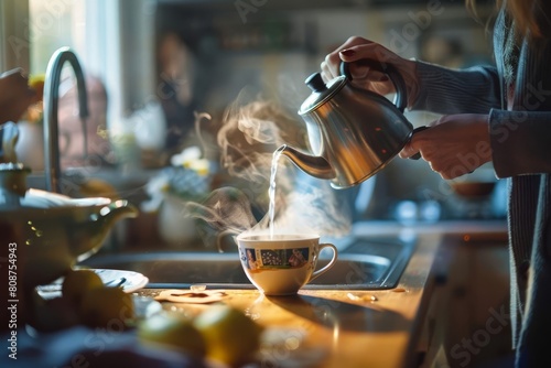 closeup of womans hands pouring steaming water from kettle into mug in kitchen