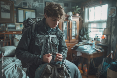 Teenager boy in a room putting items into a backpack while looking at a cellphone