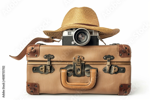 A classic suitcase with a camera and a straw hat on a white background, symbolizing adventure and travel