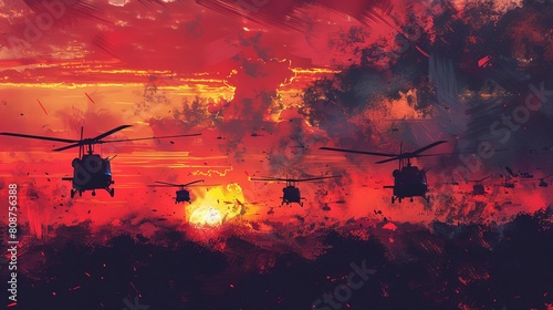 A squadron of black helicopters flies over a war-torn landscape