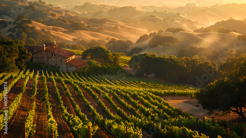 A photo featuring a picturesque vineyard bathed in golden sunlight. Highlighting the neat rows of grapevines and rustic winery buildings, while surrounded by rolling hillsides