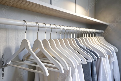 Close-up of white hangers on a white closet. The concept of order and storage in the house.
