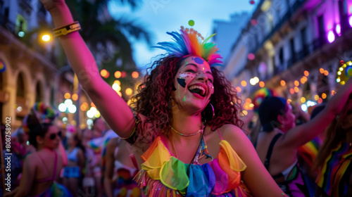 A vibrant Pride dance party in Buenos Aires, energetic dancers in bright costumes, historic plaza filled with lights and music, a night of celebration and freedom, Photography, night photography setti