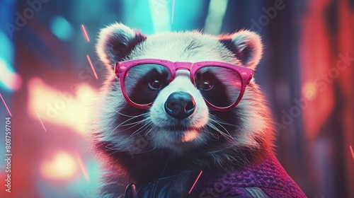 Panda with colorful neon retrowave background.