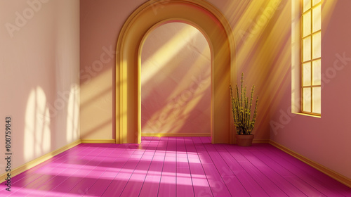 Trendy 3D living space with lancet arch entry, vibrant fuchsia floor, and sunny ambiance.