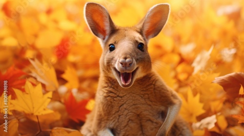 Portrait of happy kangaroo rejoices in autumn.